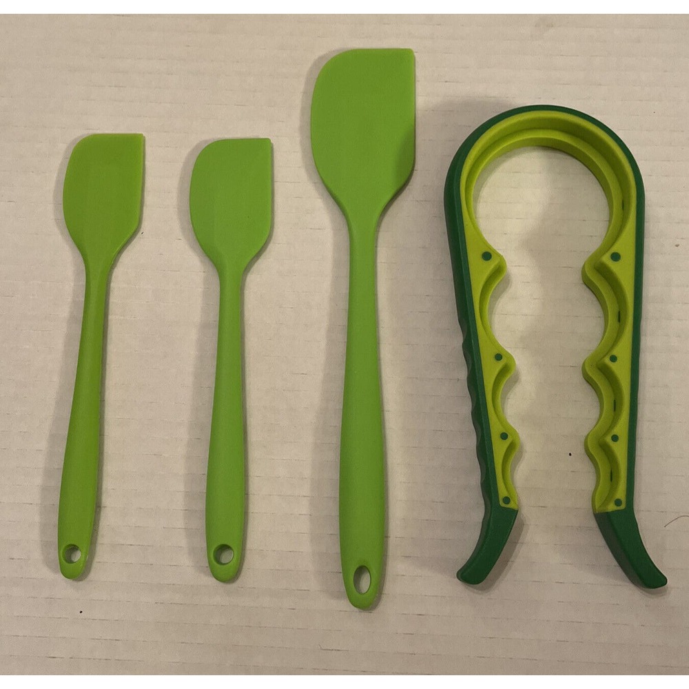 Set Of Three Green Silicone Spatulas And One Jar Opener